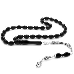 925 Sterling Silver With Barley Tassel, Black Dense Amber Tasbih - 1