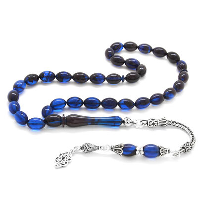 925 Sterling Silver With Barley Tassels, Filtered Blue And Black Amber Rosary - 1