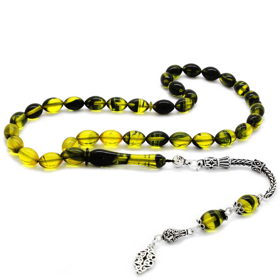 925 Sterling Silver With Barley Tassels, Filtered Yellow And Black Fire Amber Rosary