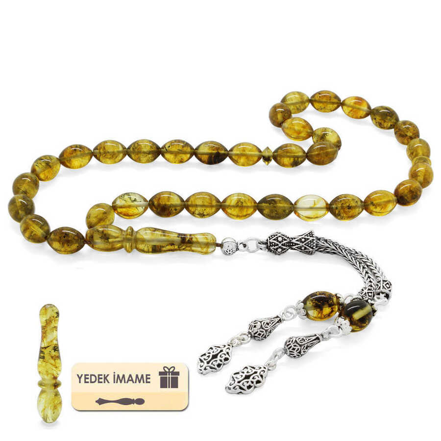 925 Sterling Silver With Barley Tassels, Lemon Yellow Drops, Amber Rosary
