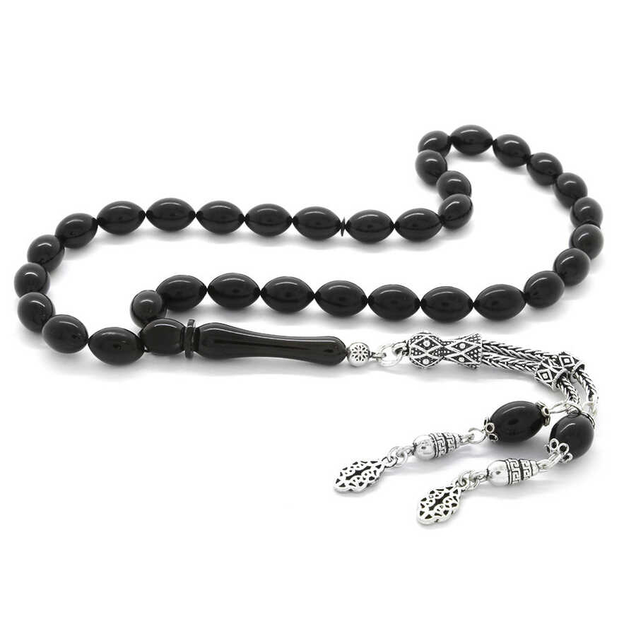 925 Sterling Silver With Double Barley Tassel, Black Pressed Amber Rosary