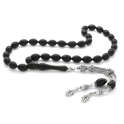 925 Sterling Silver With Double Barley Tassel, Black Pressed Amber Rosary - 1