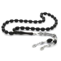 925 Sterling Silver With Double Barley Tassel, Black Pressed Amber Rosary - 2