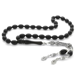 925 Sterling Silver With Double Barley Tassel, Black Pressed Amber Rosary - Thumbnail