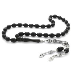 925 Sterling Silver With Double Barley Tassel, Black Pressed Amber Rosary - 3