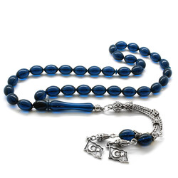 925 Sterling Silver With Double Barley Tassel, Dark Blue, Tightened Amber Tasbih - 1