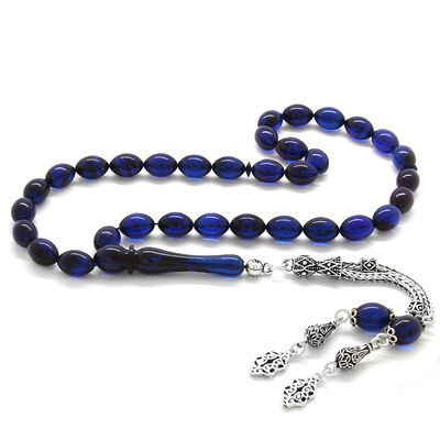 925 Sterling Silver With Double Tassel And Blue-Black Corrugated Amber Rosary - 1
