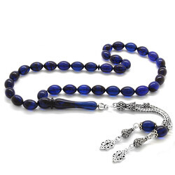 925 Sterling Silver With Double Tassel And Blue-Black Corrugated Amber Rosary - 2