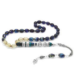 925 Sterling Silver With Nakkaş Double Polished Silver Tassels Decorated Filter Blue And White Fire Amber Rosary - Thumbnail