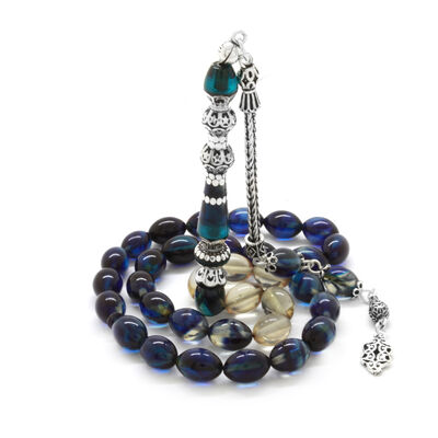 925 Sterling Silver With Nakkaş Double Polished Silver Tassels Decorated Filter Blue And White Fire Amber Rosary