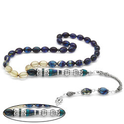 925 Sterling Silver With Nakkaş Double Polished Silver Tassels Decorated Filter Blue And White Fire Amber Rosary - Thumbnail