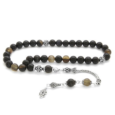 925 Sterling Silver with Tassel and Cut Suleiman Agate Natural Tasbih Stone - 1