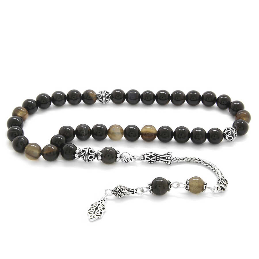 925 Sterling Silver With Tassel And Cut Suleiman Agate Natural Tasbih Stone
