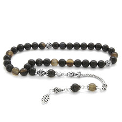 925 Sterling Silver With Tassel And Cut Suleiman Agate Natural Tasbih Stone - Thumbnail