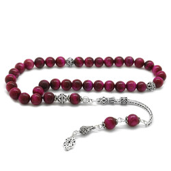 925 Sterling Silver With Tassel And Fuchsia Cut Sphere Tiger Eye Natural Tasbih Stone - Thumbnail
