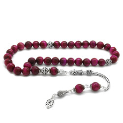 925 Sterling Silver with Tassel and Fuchsia Cut Sphere Tiger Eye Natural Tasbih Stone - 1