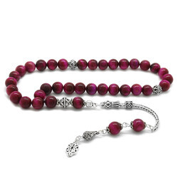 925 Sterling Silver with Tassel and Fuchsia Cut Sphere Tiger Eye Natural Tasbih Stone - 2