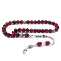 925 Sterling Silver with Tassel and Fuchsia Cut Sphere Tiger Eye Natural Tasbih Stone - 2