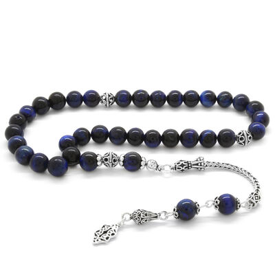 925 Sterling Silver With Tassel And Sphere Cut Blue Tiger's Eye Natural Tasbih Stone