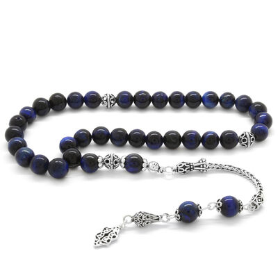 925 Sterling Silver with Tassel and Sphere Cut Blue Tiger's Eye Natural Tasbih Stone - 1