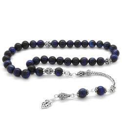 925 Sterling Silver With Tassel And Sphere Cut Blue Tiger's Eye Natural Tasbih Stone - Thumbnail