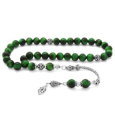 925 Sterling Silver with Tassel and Sphere Cut Green Tiger's Eye Natural Tasbih Stone - 1