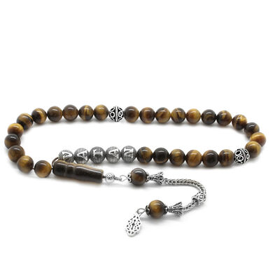 925 Sterling Silver with Tassel and Sphere Cut with Tiger's Eye Name, Natural Stone, Tasbih - 1