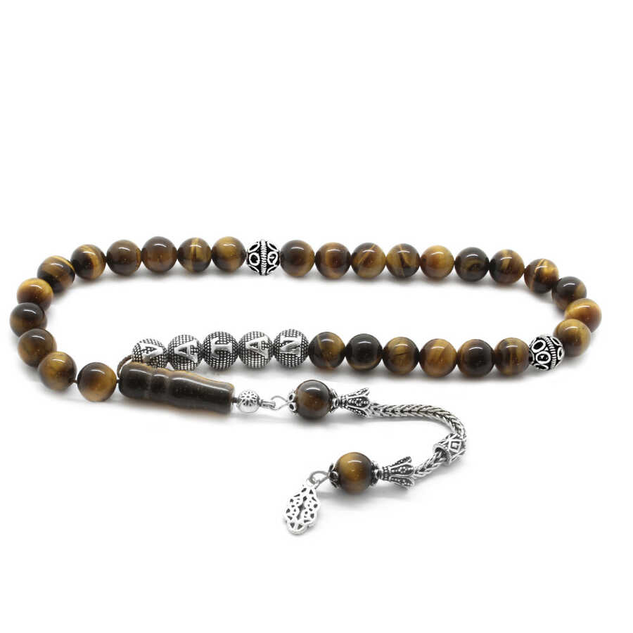 925 Sterling Silver With Tassel And Sphere Cut With Tiger's Eye Name, Natural Stone, Tasbih
