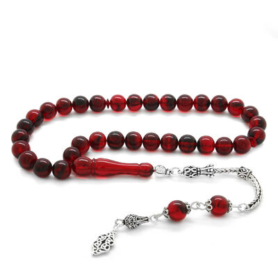 925 Sterling Silver With Tassel, Ball-Cut, Red-Black Fire-Amber Rosary