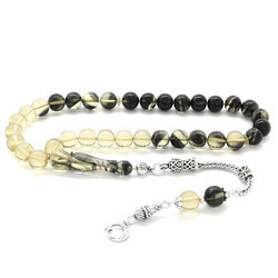 925 Sterling Silver With Tassel Carved Globe Filter Black And White Fire Amber Rosary - Thumbnail