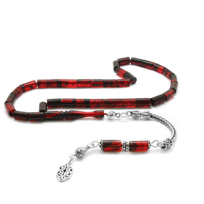 925 Sterling Silver With Tassel Cutout Red And Black Stamped Amber Rosary