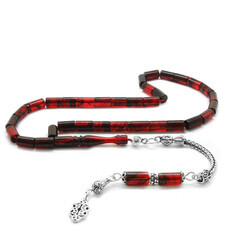 925 Sterling Silver With Tassel Cutout Red And Black Stamped Amber Rosary - Thumbnail