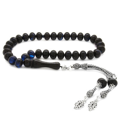 925 Sterling Silver With Tassel, Dark Blue, Tightened Amber Tasbih - 1