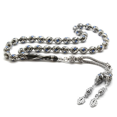 925 Sterling Silver With Tassel, İnlaid With Silver And Turquoise, Barley Cut Erzurum Oltu (M4)