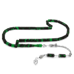 925 Sterling Silver With Tassel Neckline Green-Black Fire-Amber Rosary - Thumbnail