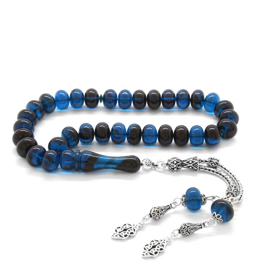 925 Sterling Silver With Tassel, Round Cut Blue-Black Amber Spun