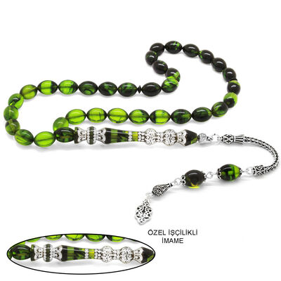 925 Sterling Silver With Tassel Silver Double Polished Nakkash Filter With Decoration Green-Black Fire-Amber Rosary - 1