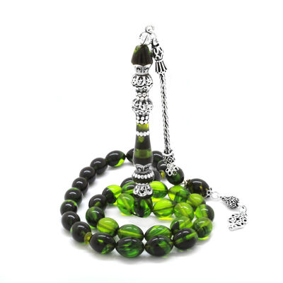 925 Sterling Silver With Tassel Silver Double Polished Nakkash Filter With Decoration Green-Black Fire-Amber Rosary - 3