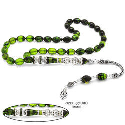 925 Sterling Silver With Tassel Silver Double Polished Nakkash Filter With Decoration Green-Black Fire-Amber Rosary - 4
