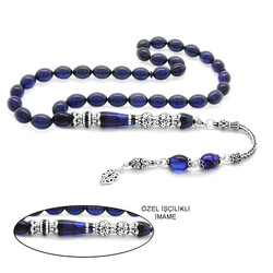 925 Sterling Silver With Tassel Silver Double-Polished Nakkash Rosary Decorated With Dark Blue Corrugated Amber Rosary - Thumbnail