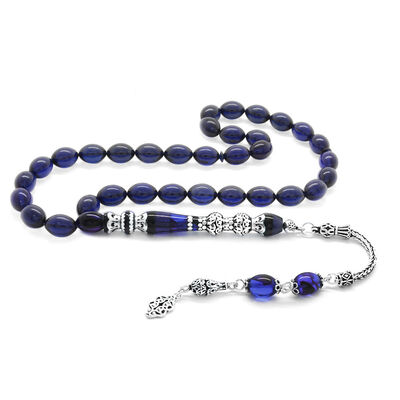 925 Sterling Silver With Tassel Silver Double-Polished Nakkash Rosary Decorated With Dark Blue Corrugated Amber Rosary