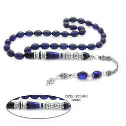 925 Sterling Silver With Tassel Silver Double-Polished Nakkash Rosary Decorated With Dark Blue Corrugated Amber Rosary