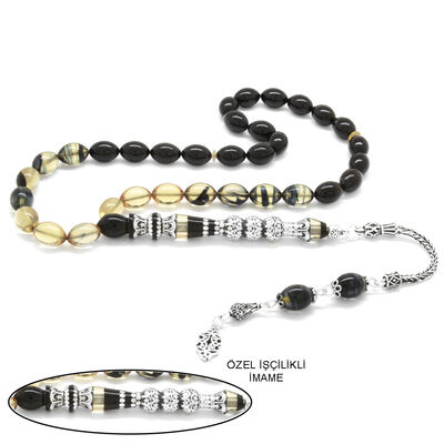 925 Sterling Silver With Tassel Silver Filter With Three Polished Nakkashi Black And White Fire Amber Rosary