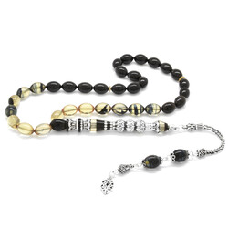 925 Sterling Silver With Tassel Silver Filter With Three Polished Nakkashi Black And White Fire Amber Rosary - Thumbnail