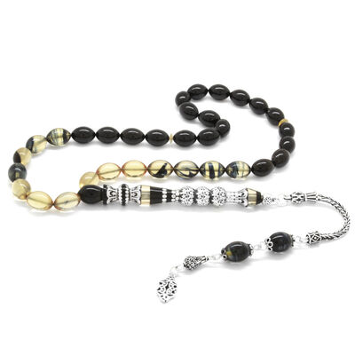 925 Sterling Silver With Tassel Silver Filter With Three Polished Nakkashi Black And White Fire Amber Rosary