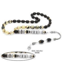 925 Sterling Silver With Tassel Silver Filter With Three Polished Nakkashi Black And White Fire Amber Rosary - Thumbnail