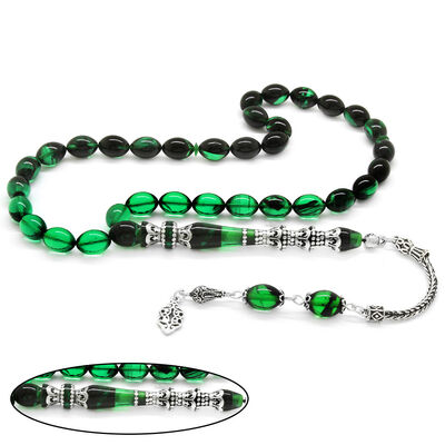 925 Sterling Silver With Tassel Silver Minaret Nakkash Decorated Filter Green-Black Fire Amber Rosary - 1