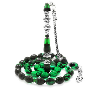 925 Sterling Silver With Tassel Silver Minaret Nakkash Decorated Filter Green-Black Fire Amber Rosary - 2
