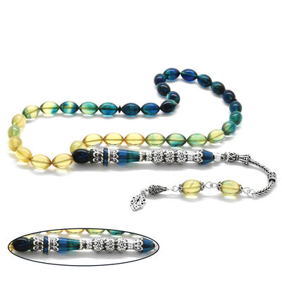 925 Sterling Silver With Tassel Silver With Three Polished Nakashi Decorated Filter Blue-White Fire-Amber Rosary - 1