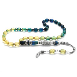 925 Sterling Silver With Tassel Silver With Three Polished Nakashi Decorated Filter Blue-White Fire-Amber Rosary - 2
